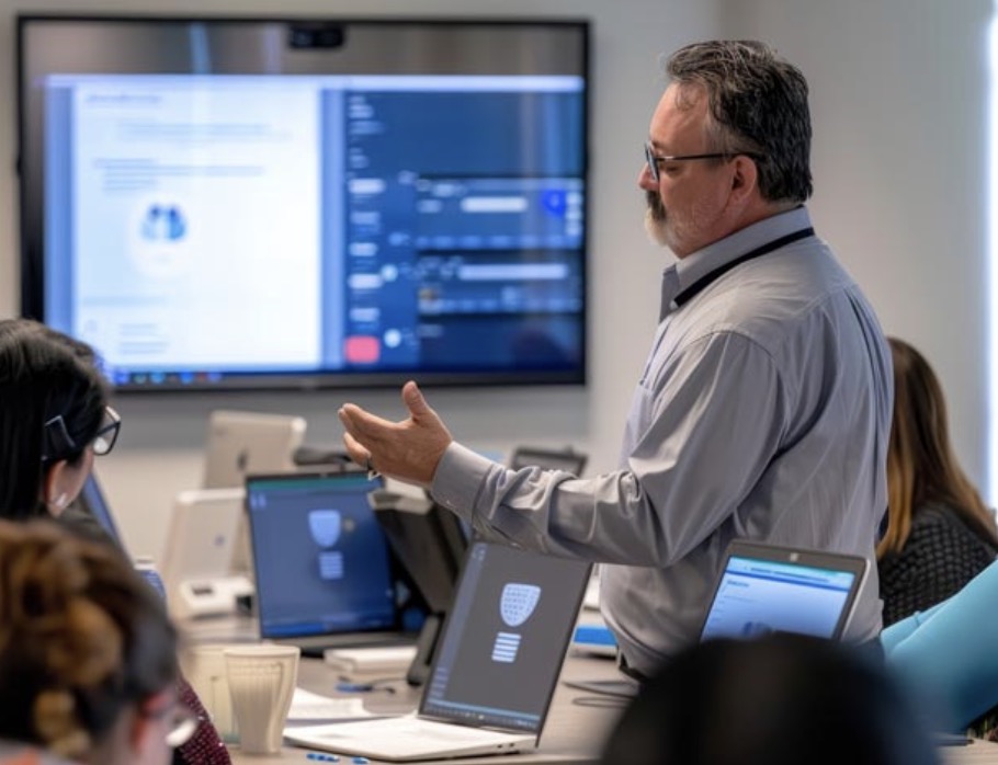 Cybersecurity awareness workshop in a modern office environment