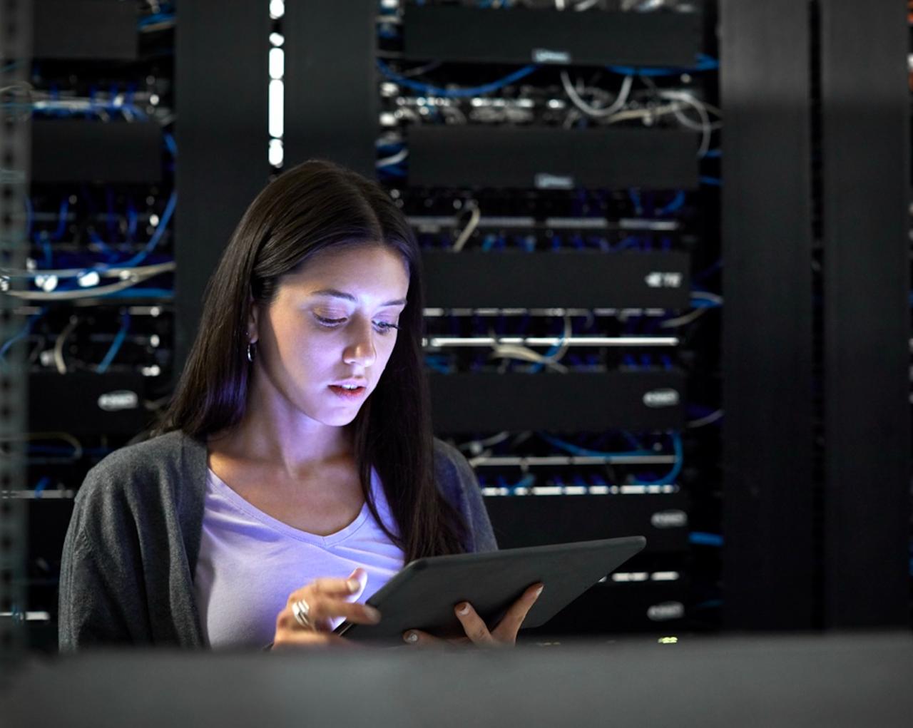 IT professional reviewing systems in a secure data center environment